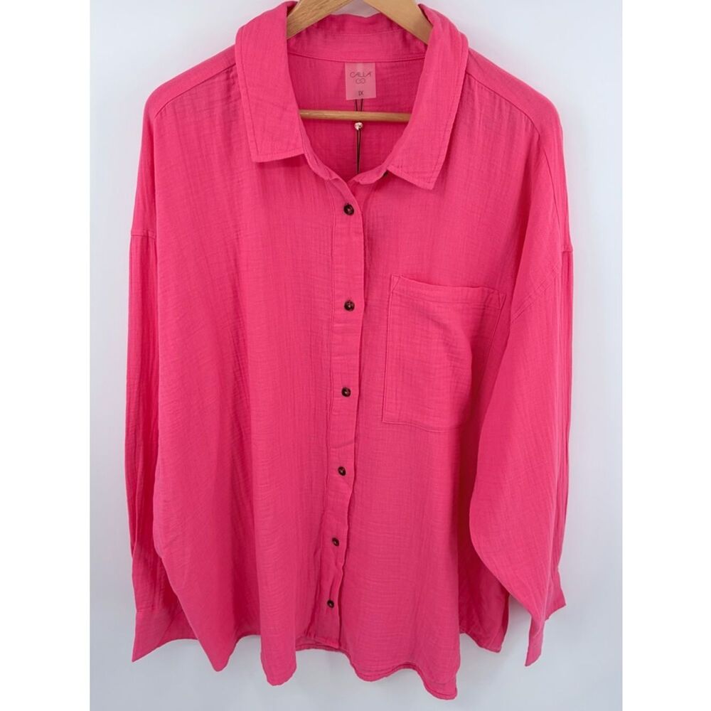 Calia oversized long sleeve button down pink heat swim coverup women’s 1X NWT